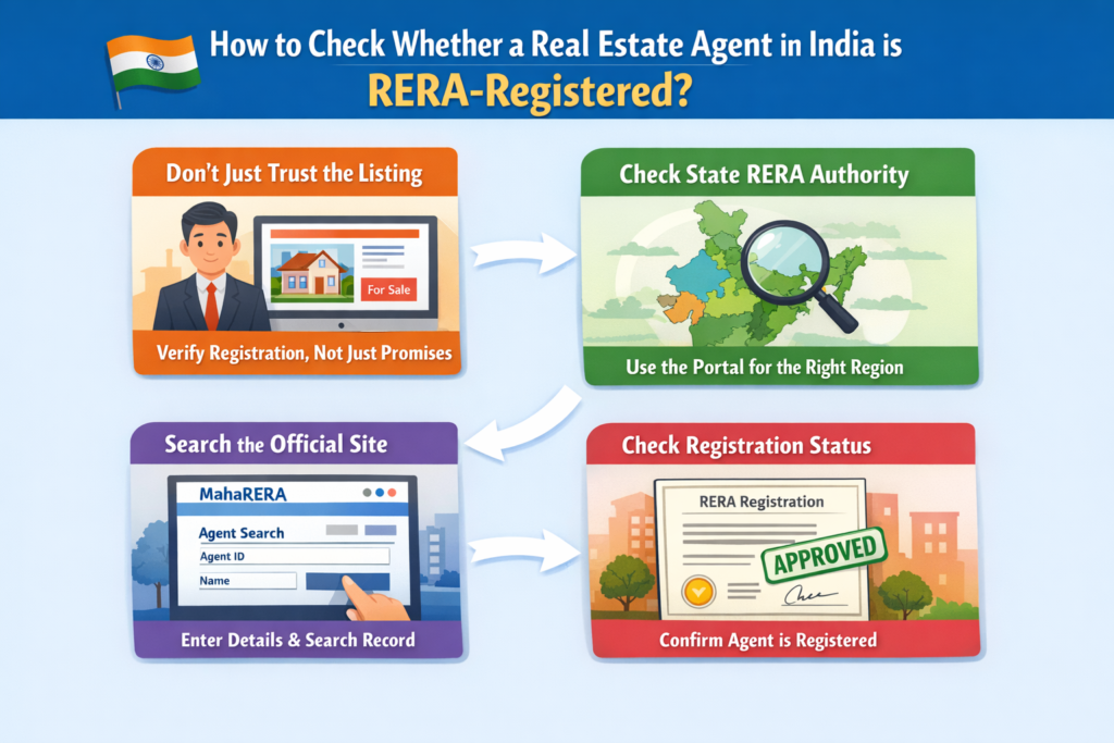 Check if a real estate agent in India is RERA-registered through the correct state portal before trusting listing.