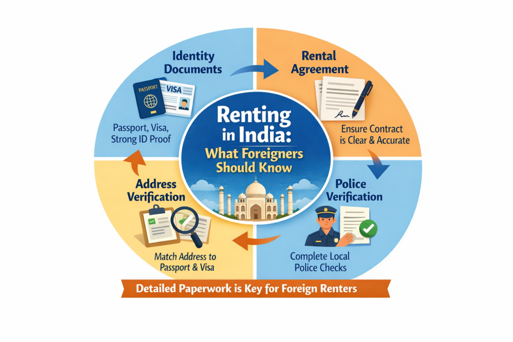 Foreigners in India should check passport, visas, rent agreement, address match, and police verification before renting.