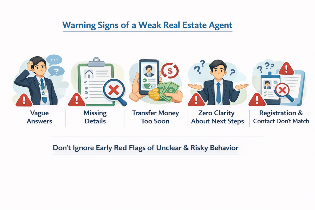 Horizontal diagram showing warning signs of a weak real estate agent in Singapore, from vague answers to early payment pressure.