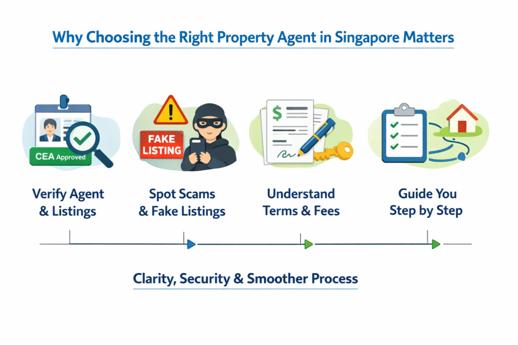 Horizontal diagram showing why the right property agent in Singapore helps verify listings, avoid scams, guide deals.