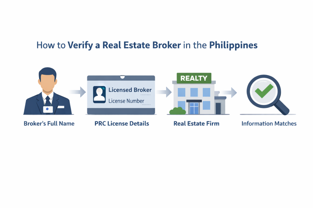 How to verify a licensed real estate broker in the Philippines using PRC license, full name, firm, and matching details.