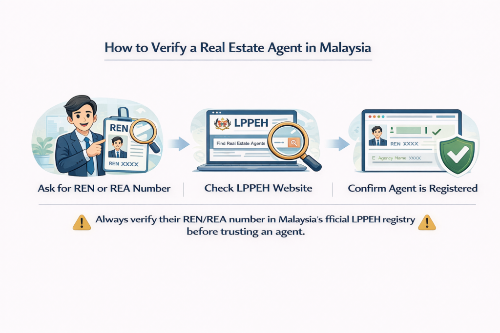 How to verify a real estate agent in Malaysia using REN or REA number and the official LPPEH registry online.