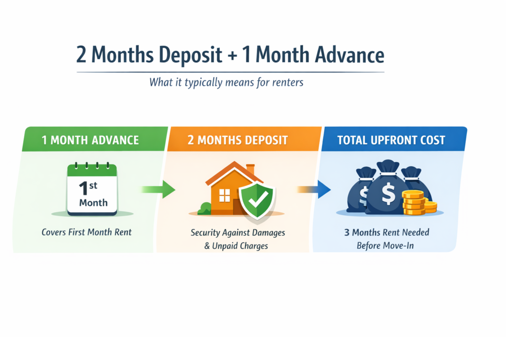 Philippines condo rent often means 2 months deposit plus 1 month advance, or 3 months of upfront payment.