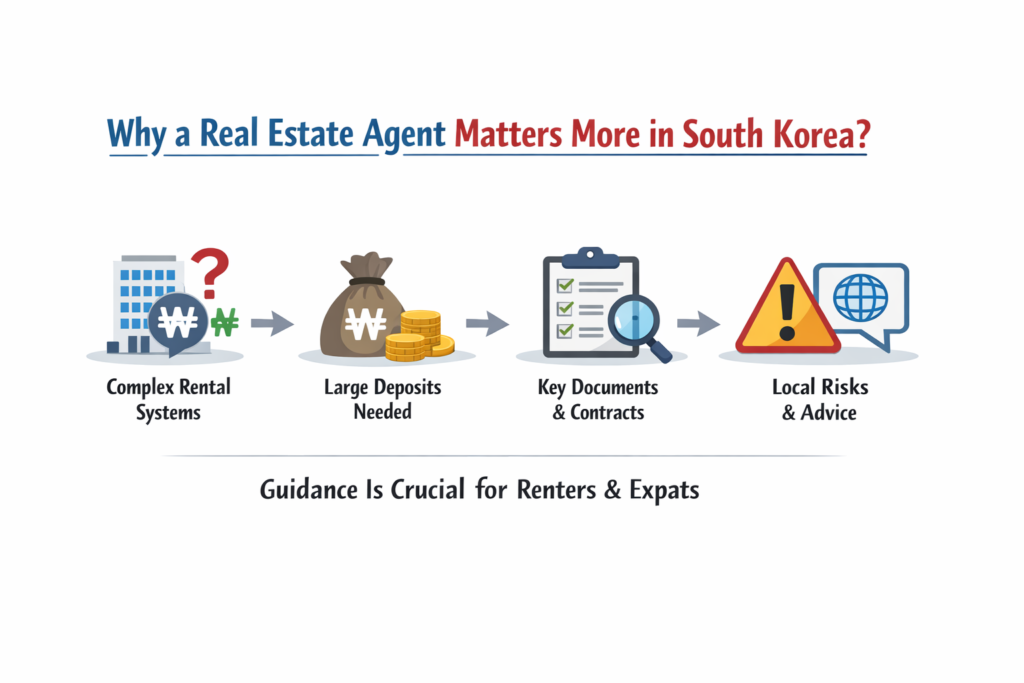 South Korea real estate agent guide covering rental systems, deposits, contracts, local risks, and renter support