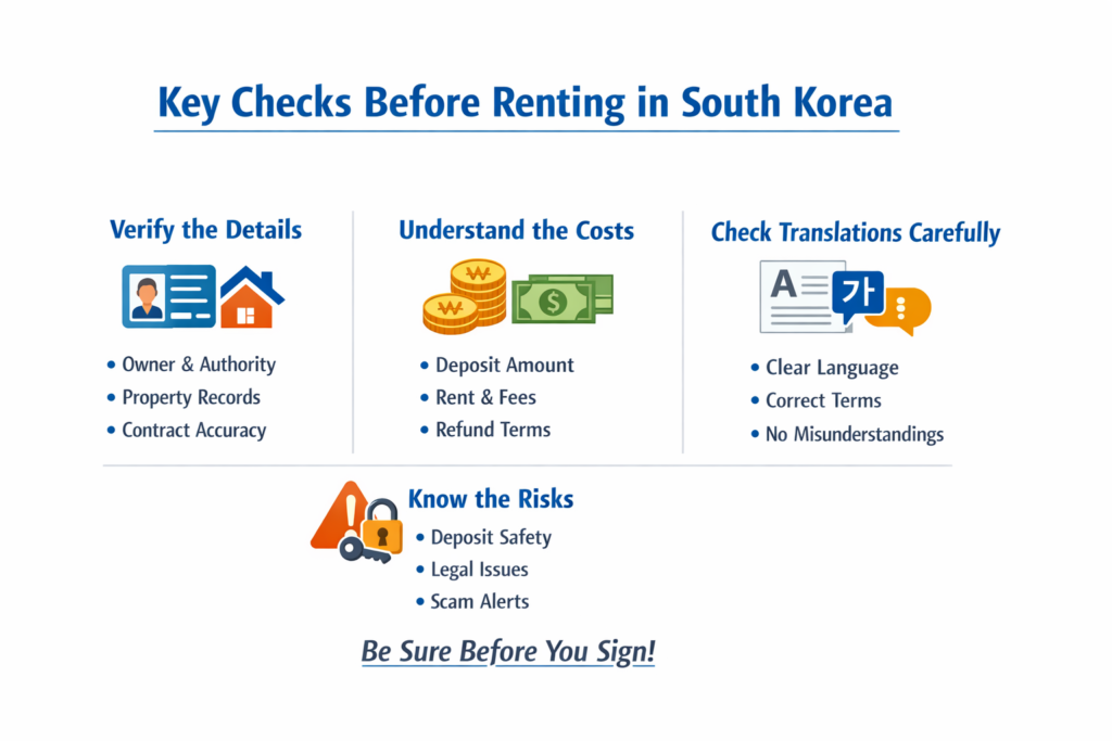 South Korea rental checks for foreigners covering ownership, contract terms, deposit return, legal authority, and risks