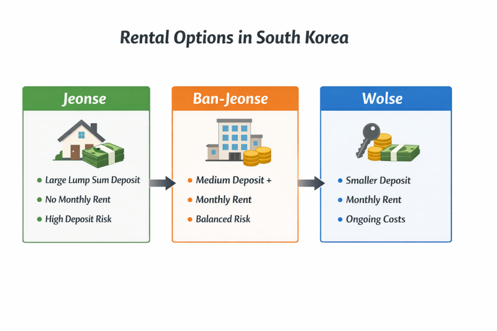 South Korea rental types explained jeonse, ban-jeonse, and wolse with deposit size, monthly rent, and risk differences