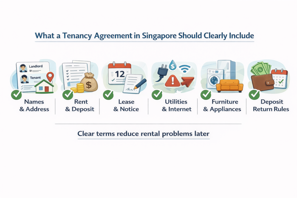 Tenancy agreement in Singapore terms covering rent, deposit, lease, utilities, furniture, notice, and return rules.