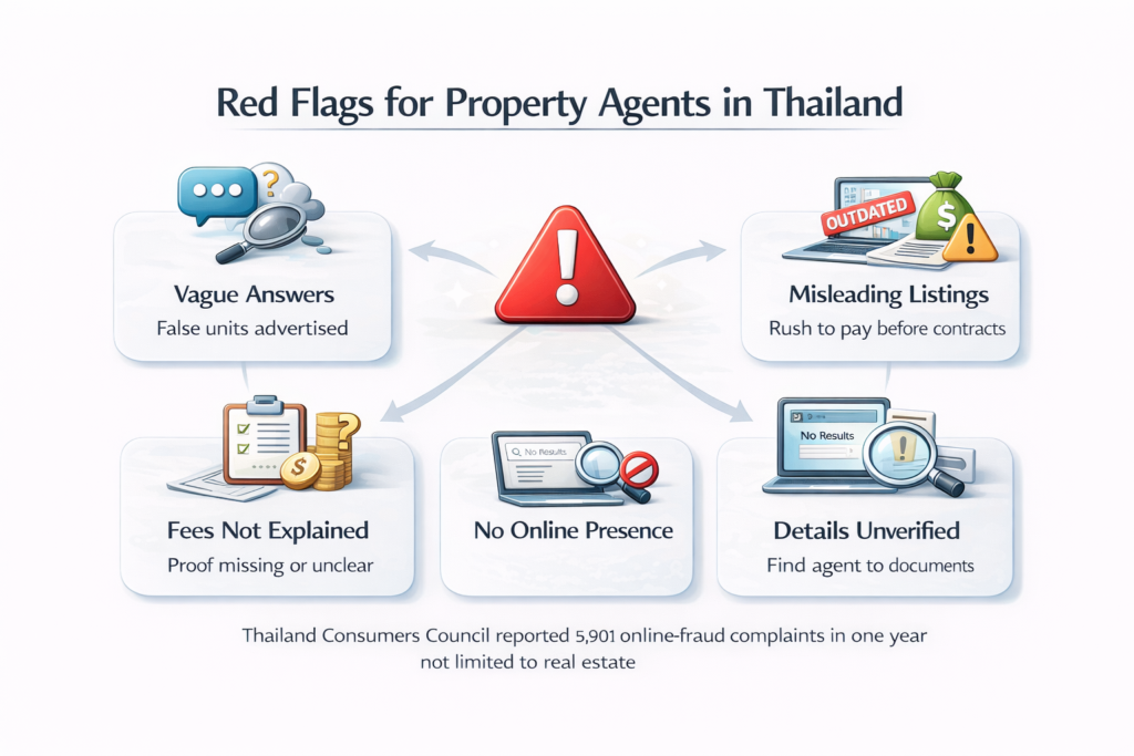 Thailand property agent red flags chart showing vague answers, fake listings, unclear fees, and no verified online presence