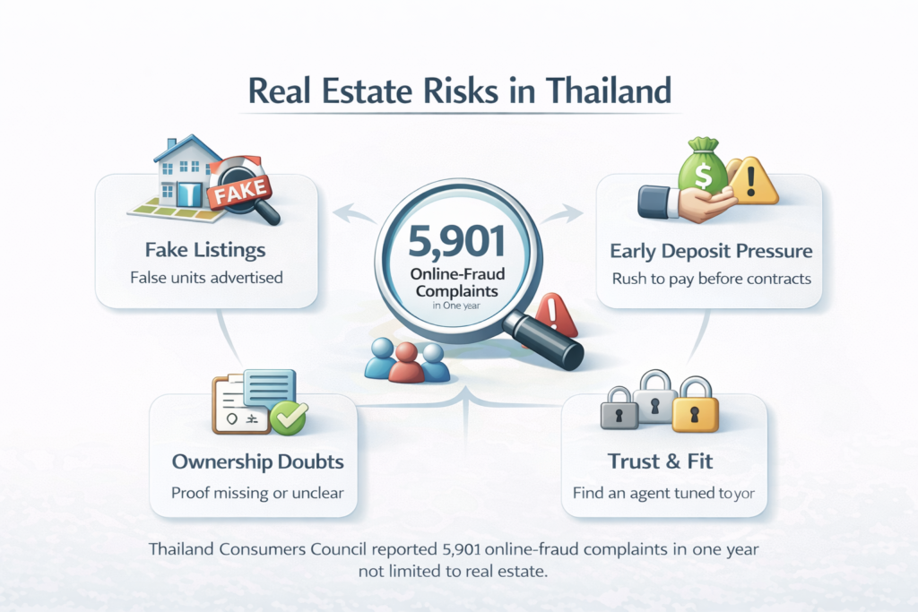 Thailand property agent risk chart showing fake listings, early deposits, ownership checks, and safer rental decisions help