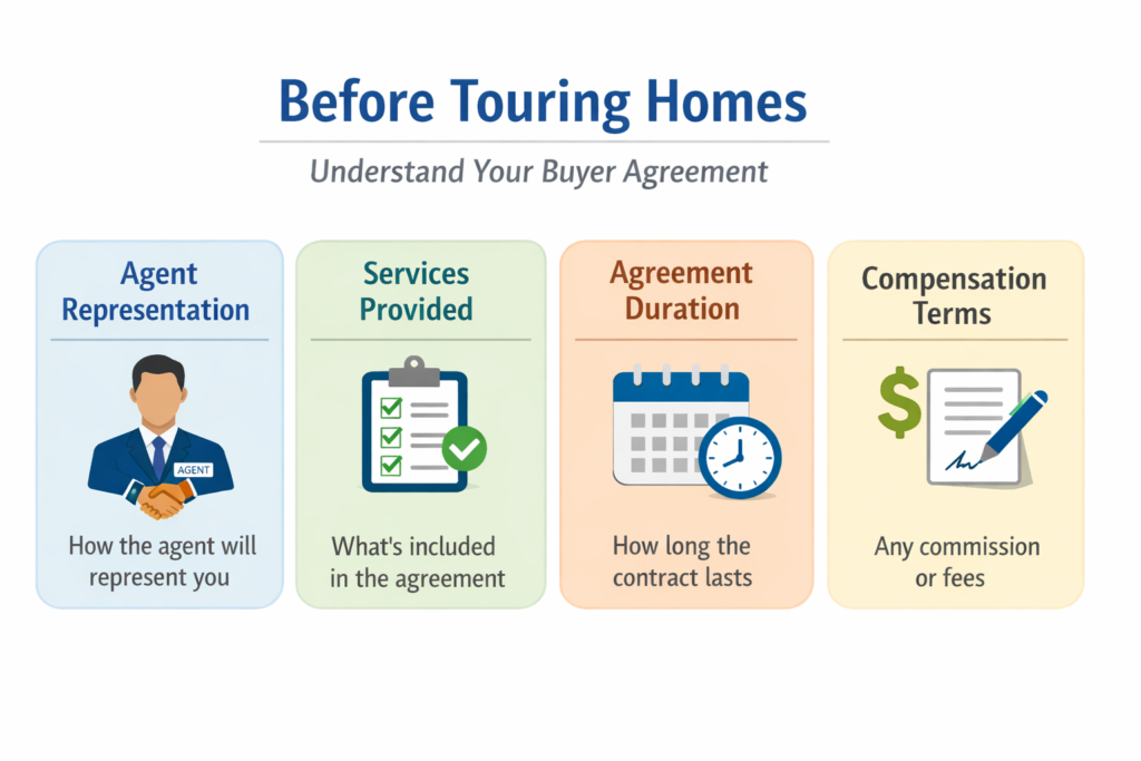 U.S. home buyers should review buyer agreement terms, services, duration, representation, and pay before tours.