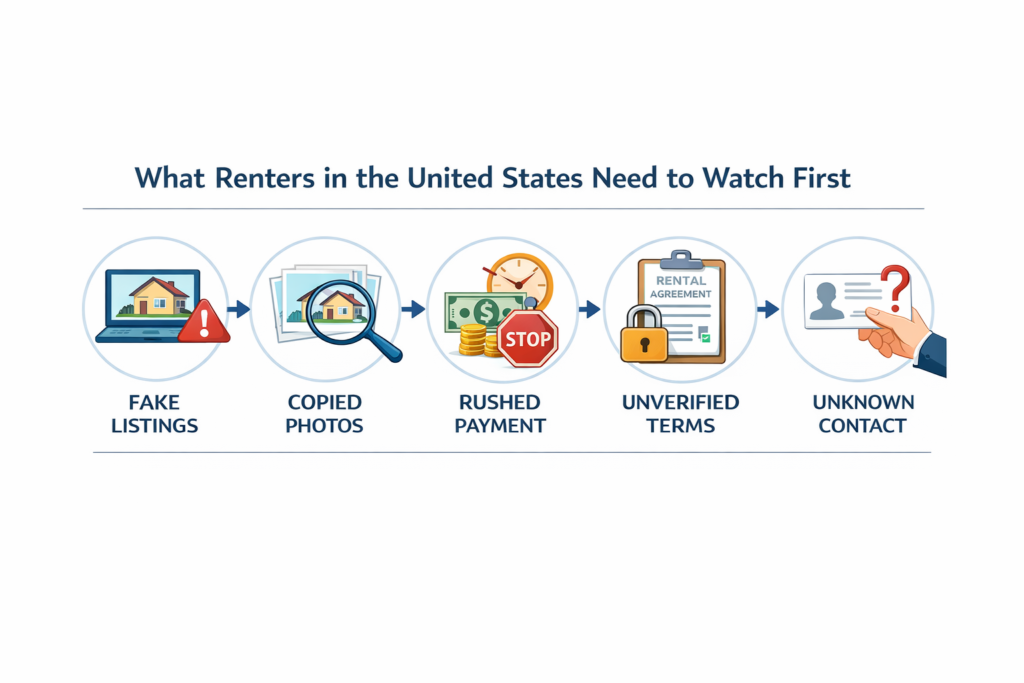 U.S. rental scam warning signs fake listings, copied photos, rushed payments, unclear lease terms, unknown contacts.