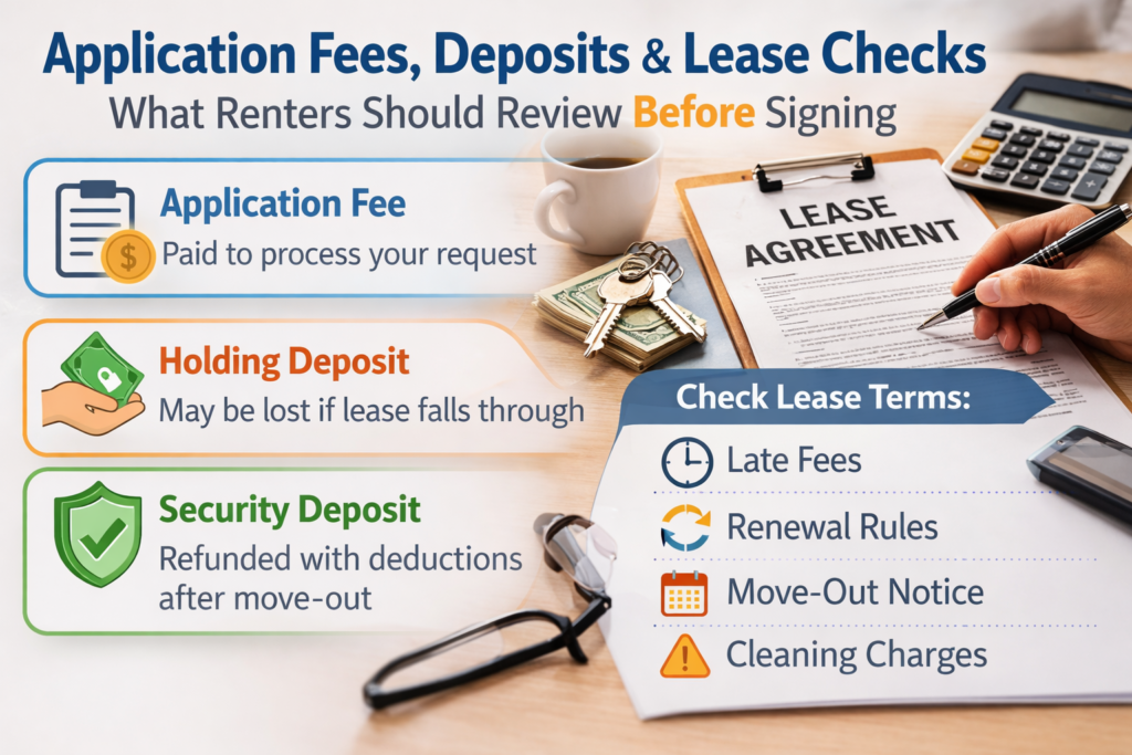 U.S. renter guide to application fees, holding deposits, security deposits, and lease terms affecting rental cost.