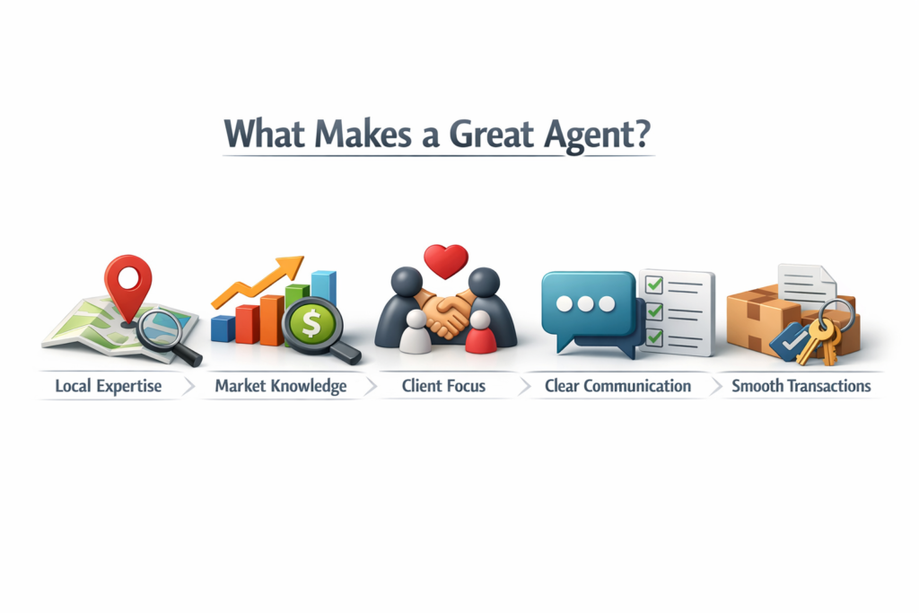 diagram showing what a good property agent does local expertise, pricing help, communication, and smooth sales flows
